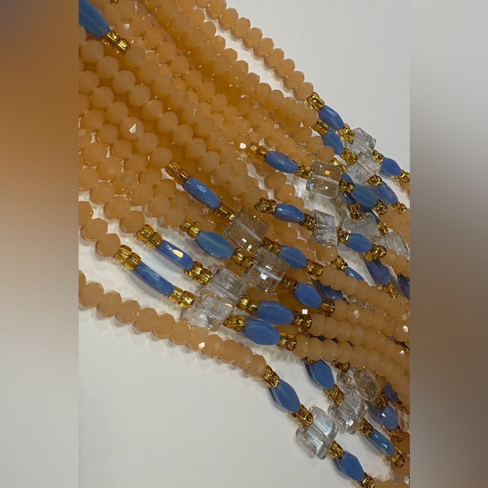 NWT “PEACHEEZZZ” Crystalline Beads w/Clear, Blue & Gold accents up to 50 length - Picture 14 of 16